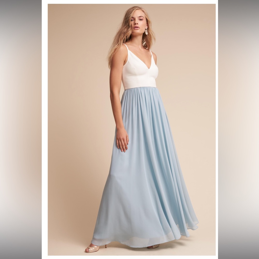 V-Neck White Bodice Light Blue Maxi Dress